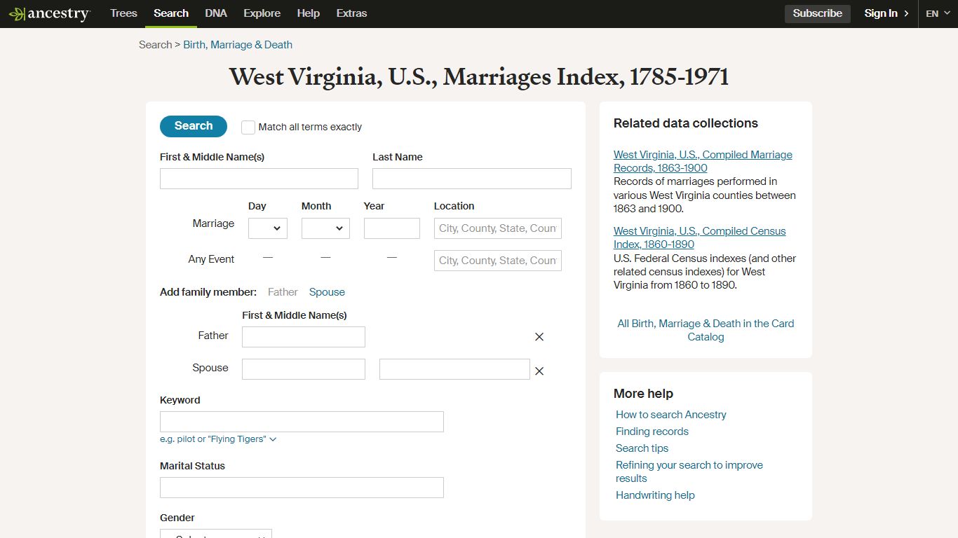 West Virginia, U.S., Marriages Index, 1785-1971 - Ancestry.com